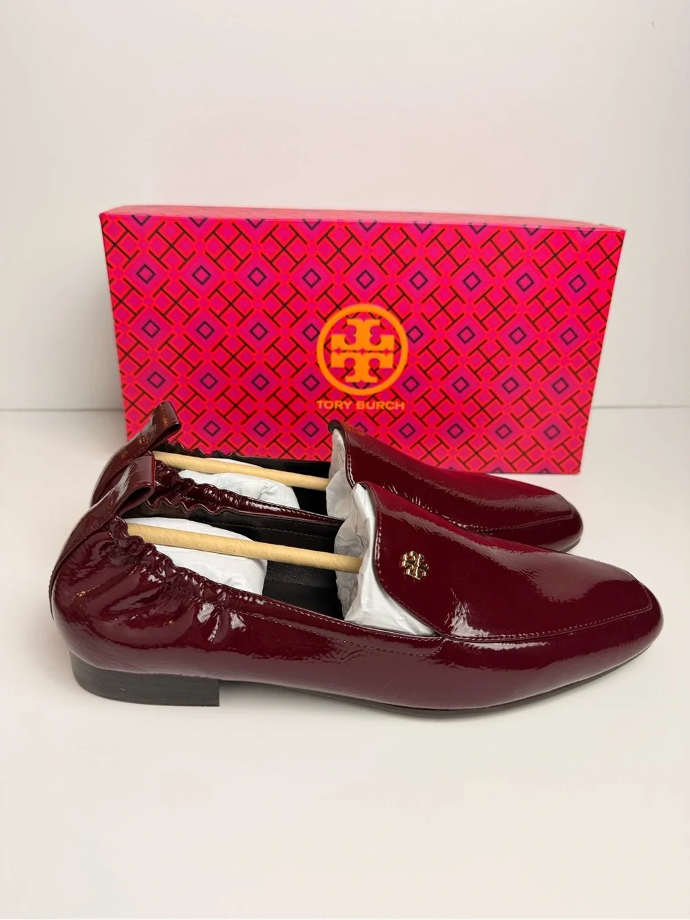 Tory Burch Kira 20mm Elastic Loafer Softy Naplak Patent Royal Burgundy Size 8.5
